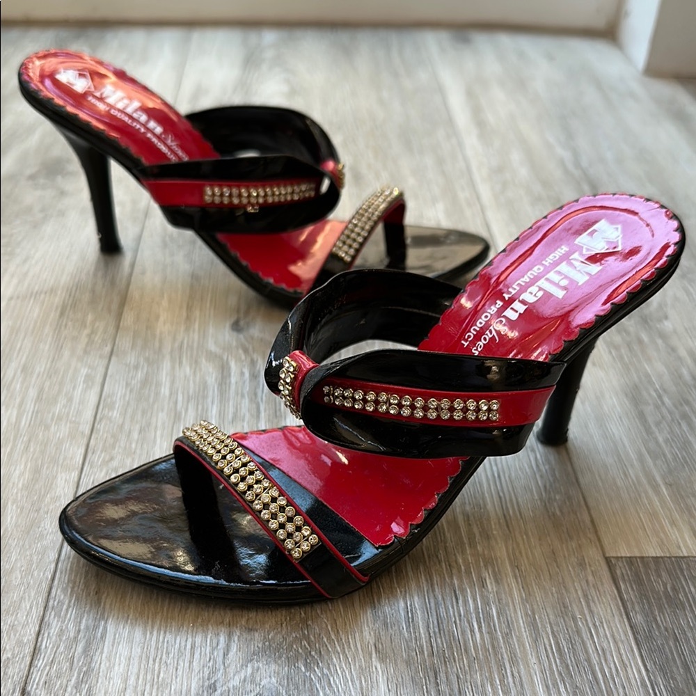 Milan Black heels with Red accent and Rhinestones